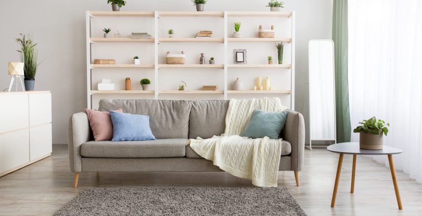 Cozy interior, fashionable simple design and furniture. Gray sofa with pillows and blanket, table with plant in pot, shelves with accessories, mirror in modern living room, flat lay, copy space